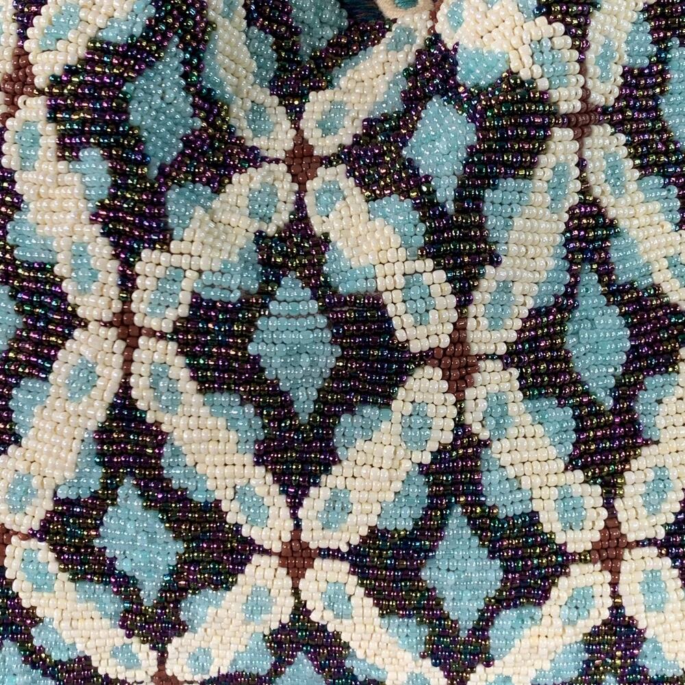 MURIEL BRANDOLINI Blue Brown White Beaded Hand Embroidered Cotton Handbag - Picture 3 of 9